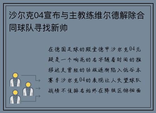 沙尔克04宣布与主教练维尔德解除合同球队寻找新帅