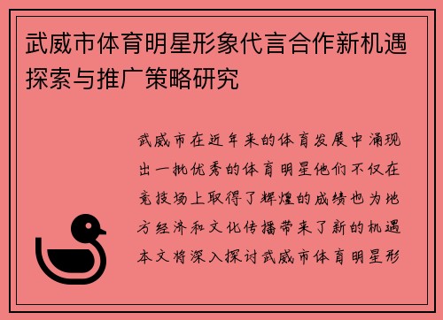 武威市体育明星形象代言合作新机遇探索与推广策略研究